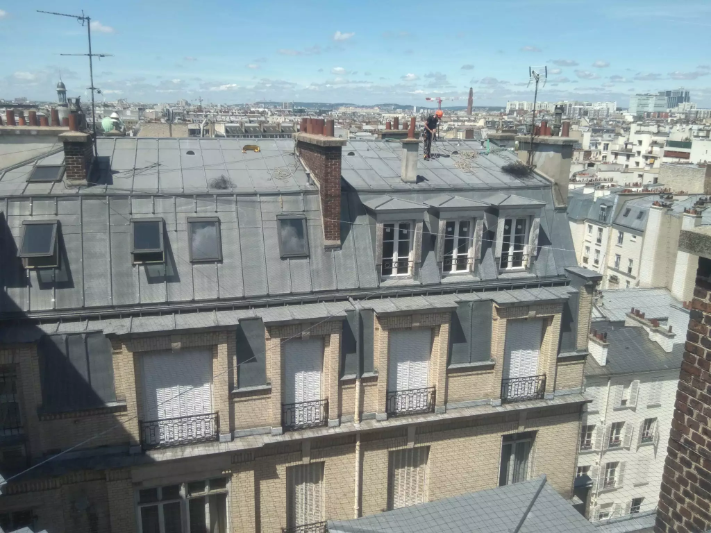 Filet anti pigeon sur des toits d'appartement parisien